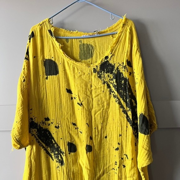 CALI DREAMING Yellow Gauze Dress Black Splatter Print Oversized Maxi Size XS/S - Picture 4 of 11